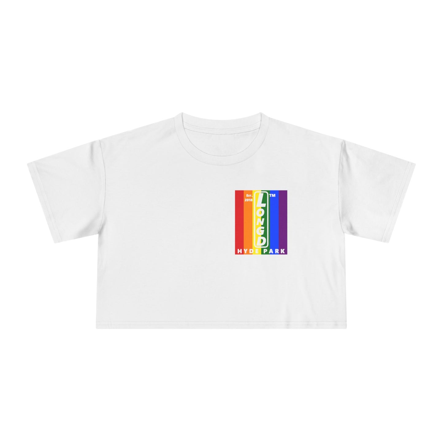 Negative vertical 6-striped upright single-breasted Hyde Park logo crop tee (Pride colors)