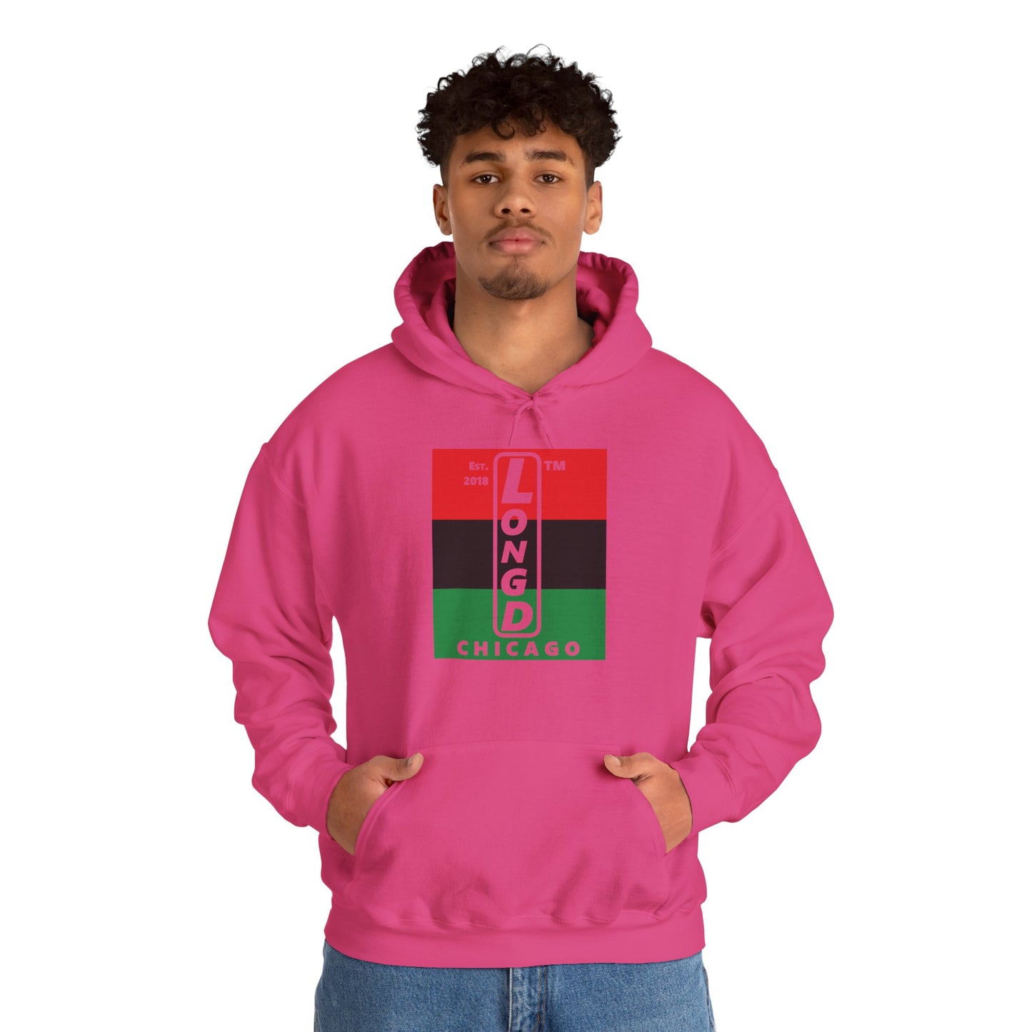 LongD® negative horizontal 3-striped upright Chicago logo hoodie (Juneteenth colors)