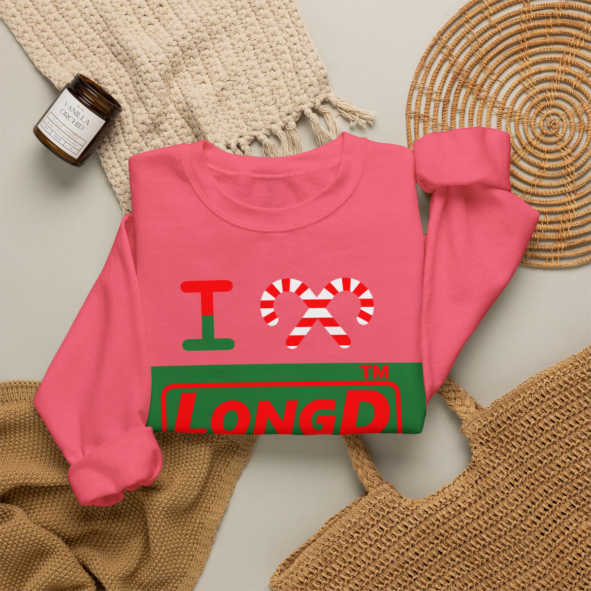 I candy cane LongD Chicago logo positive red on negative green crewneck sweatshirt