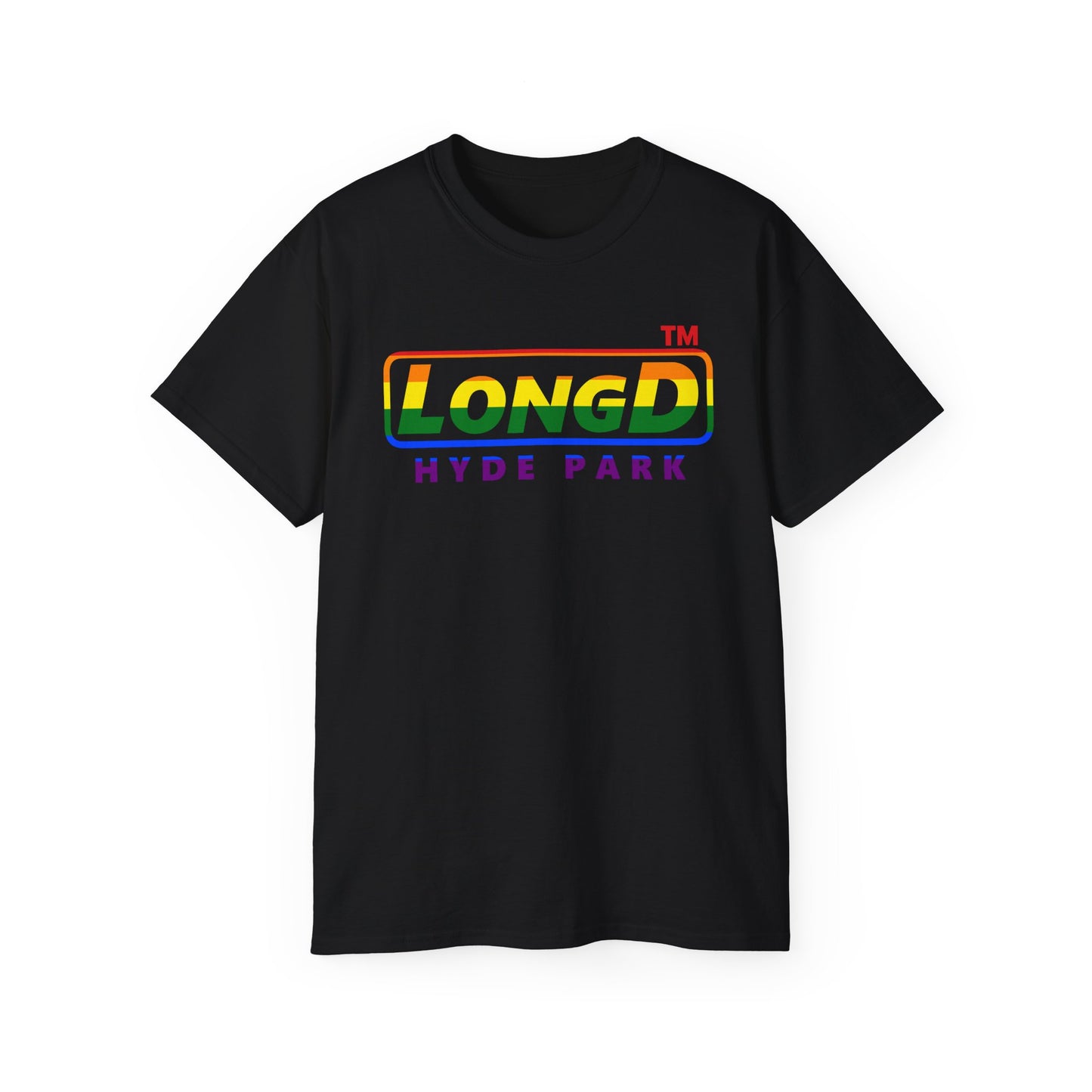 LongD positive horizontal striped Hyde Park logo cotton tee (Pride colors)