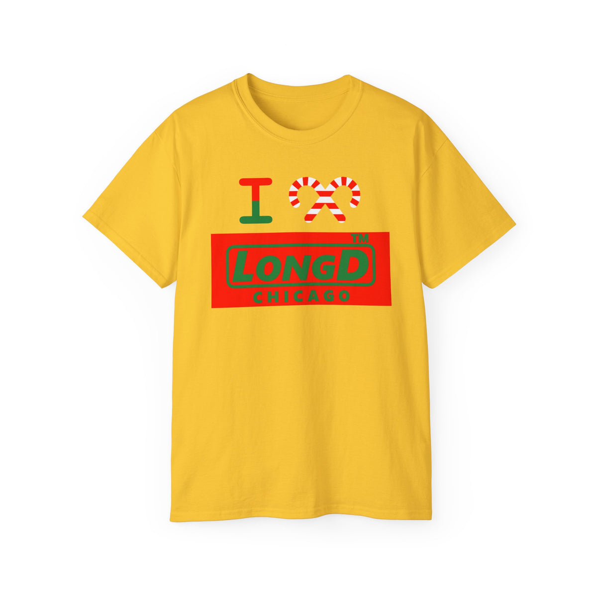 I candy cane LongD Chicago logo positive green on negative red cotton tee