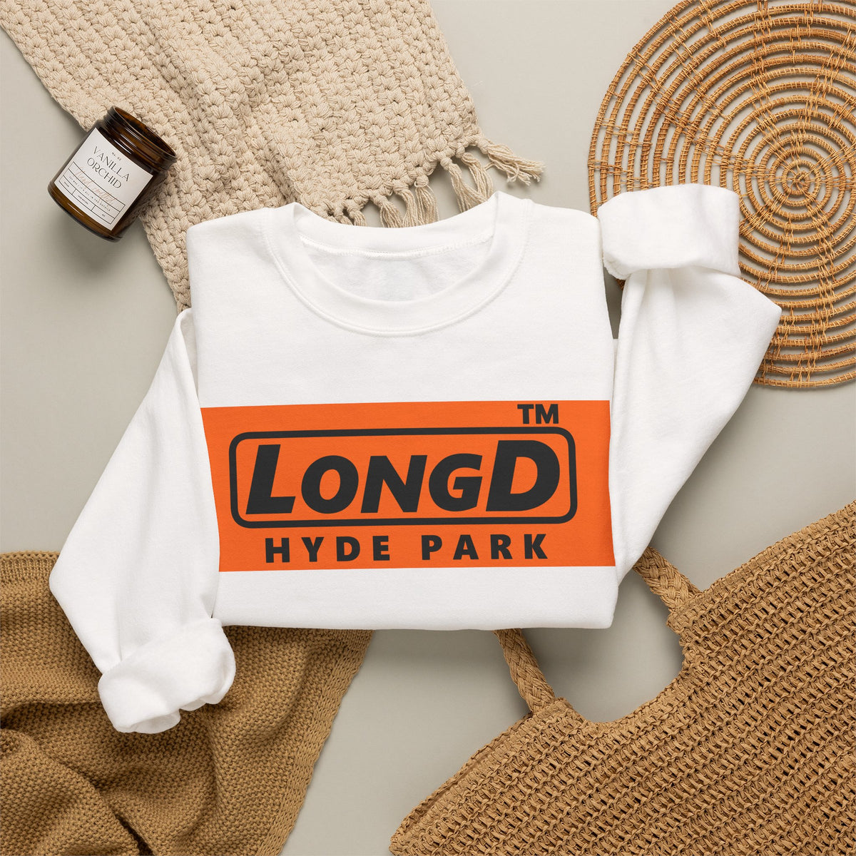 LongD Hyde Park logo Black (000000) on orange (FE7518) (Halloween colors) crewneck sweatshirt