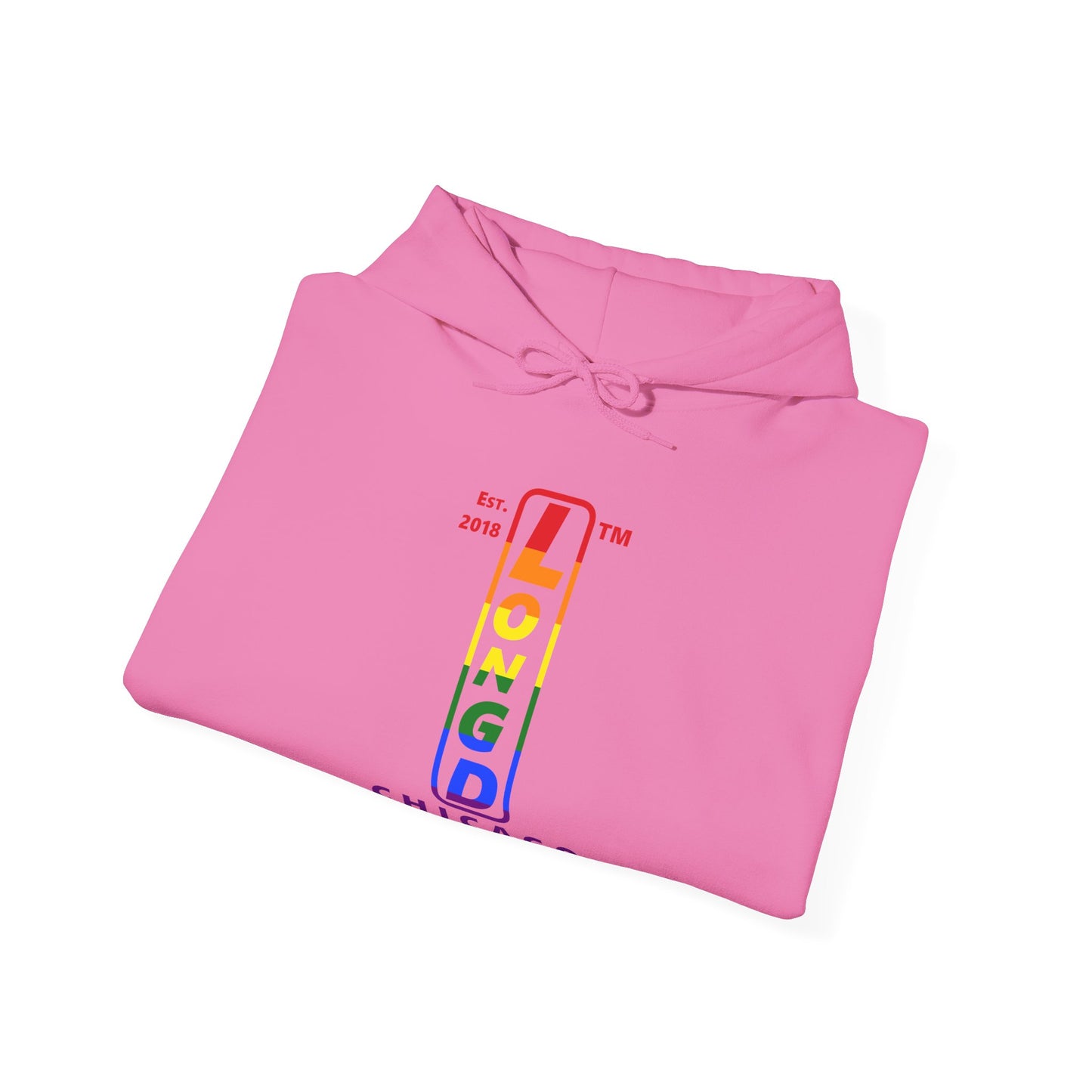 LongD® positive horizontal 6-striped Chicago 4-print upright logo hoodie (Pride colors)