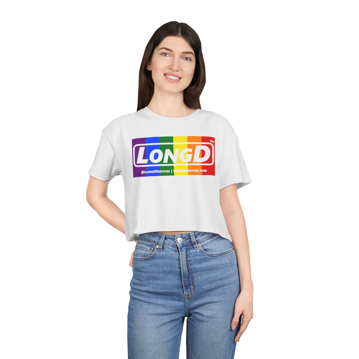 LongD Logo Women's Crop Tee (Pride color rainbow negative logo)