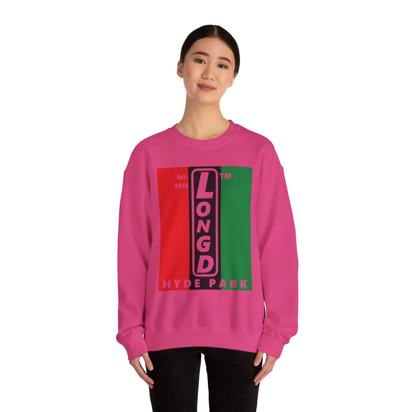 LongD negative vertical 3-striped Hyde Park upright logo crewneck sweatshirt (Juneteenth colors)