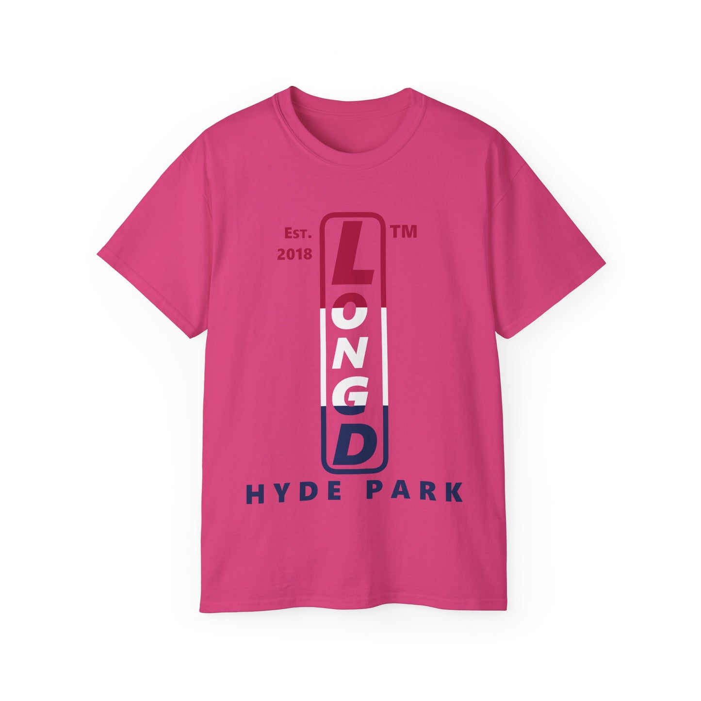 LongD cotton tee positive horizontal 3-striped Hyde Park upright logo (Patriotic colors)