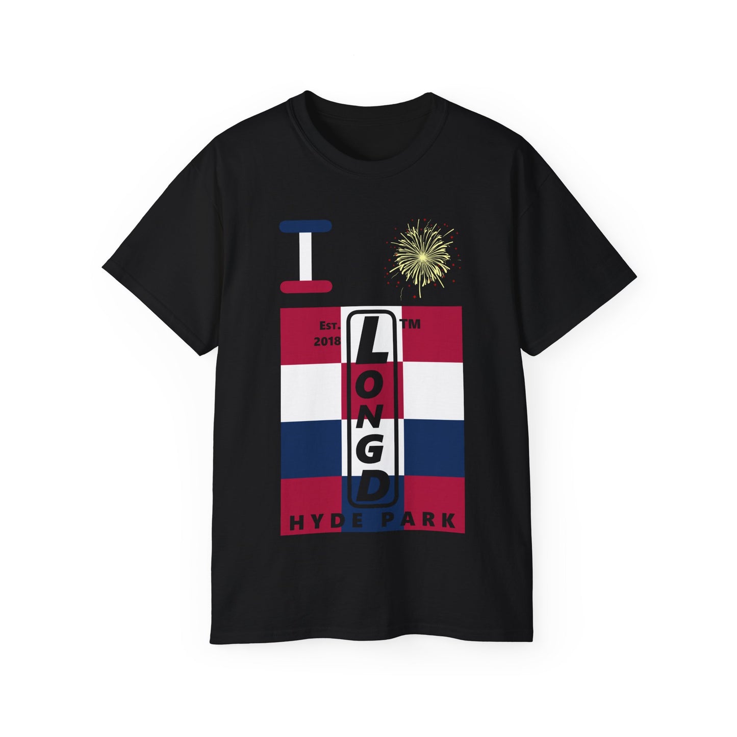 I Burst LongD cotton tee negative 4x3 Hyde Park upright logo (Patriotic colors)