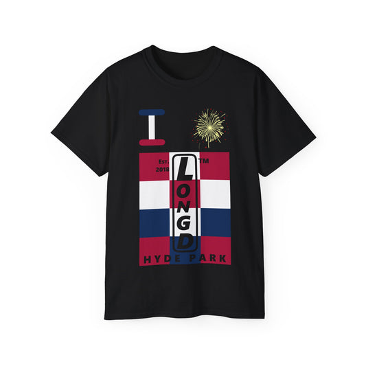 I Burst LongD cotton tee negative 4x3 Hyde Park upright logo (Patriotic colors)
