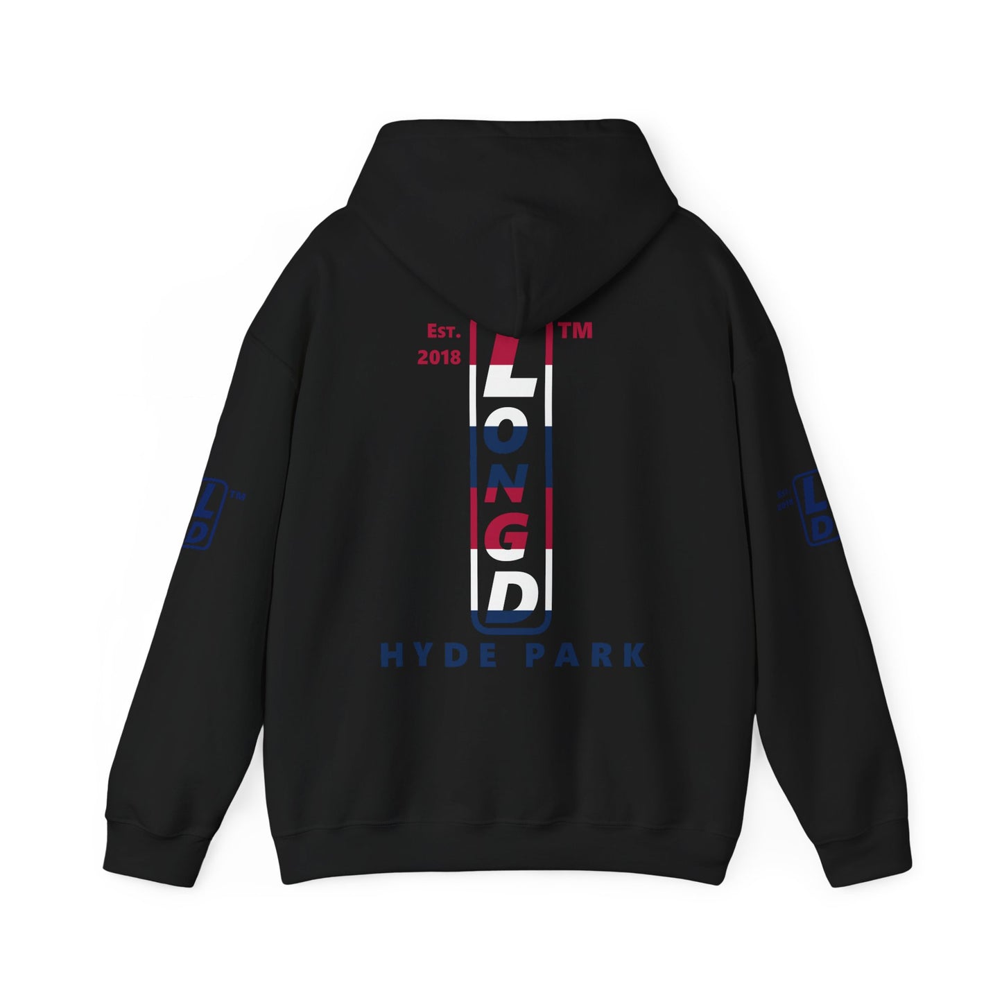 LongD® positive horizontal 6-striped Hyde Park 4-print upright logo hoodie (patriotic colors)