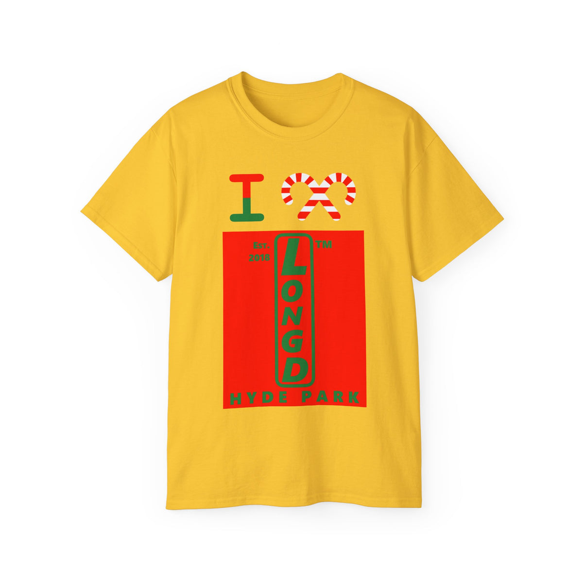 I candy cane LongD Hyde Park upright logo positive green on negative red cotton tee