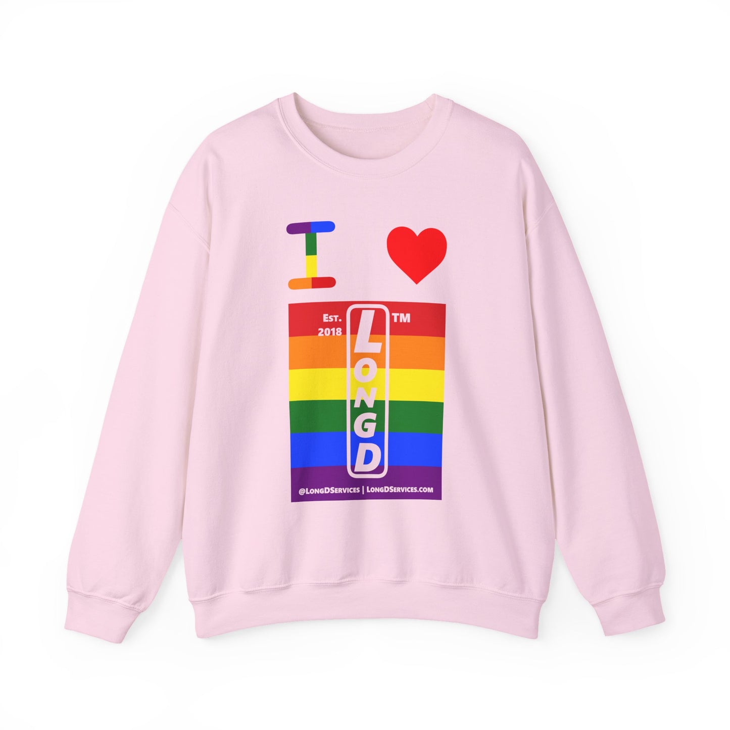 I Luv LongD negative horizontal 6-striped tag-domain upright logo crewneck sweatshirt
