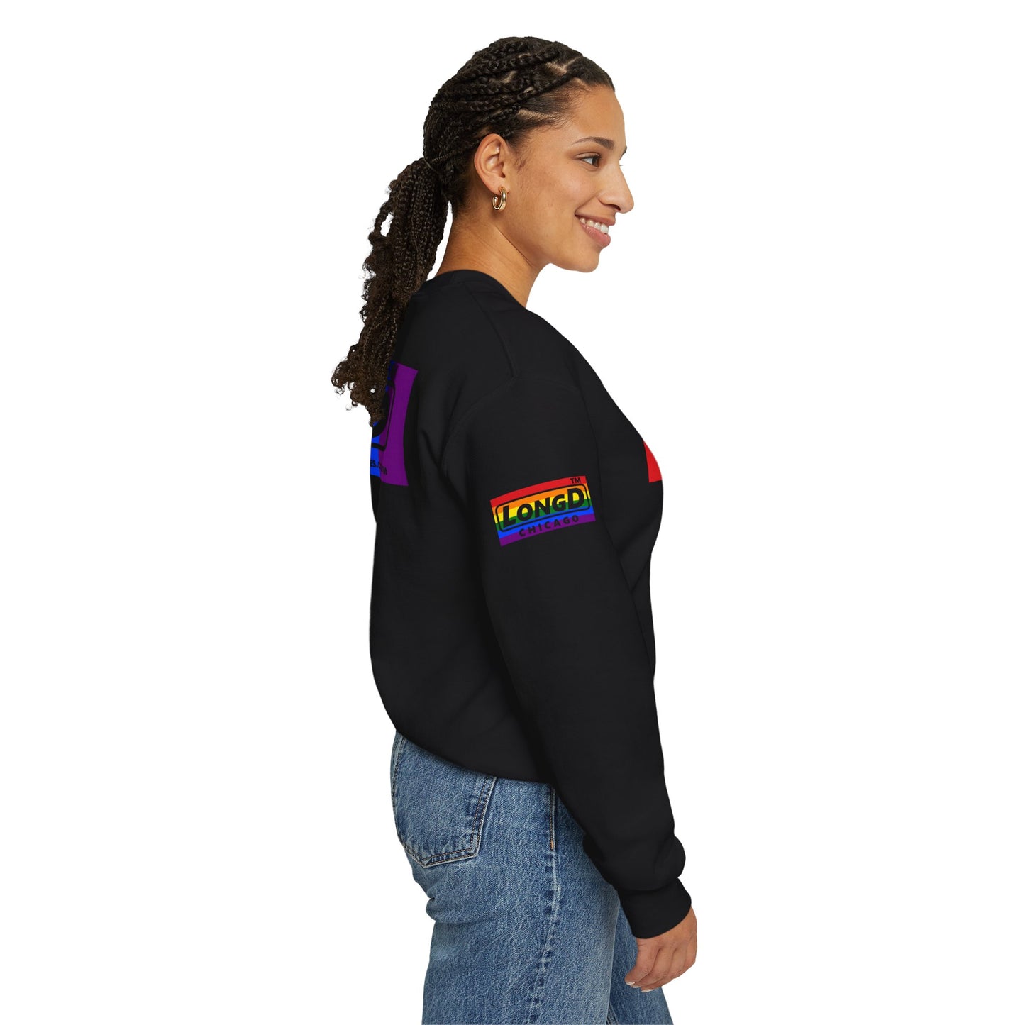 LongD official basic 4-print tag logo crewneck sweatshirt with Pride heart