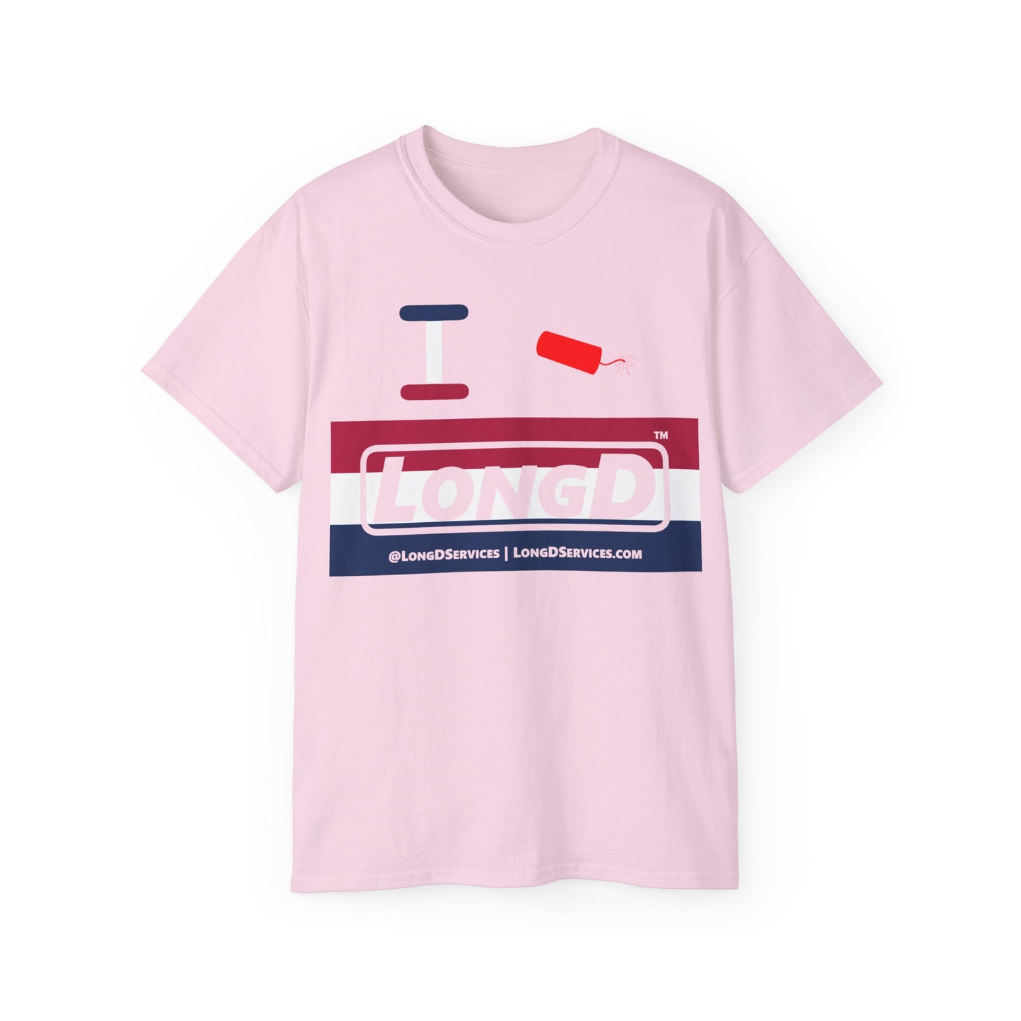 I Firecracker LongD® Logo Cotton Tee Red, White and Blue striped thirds text