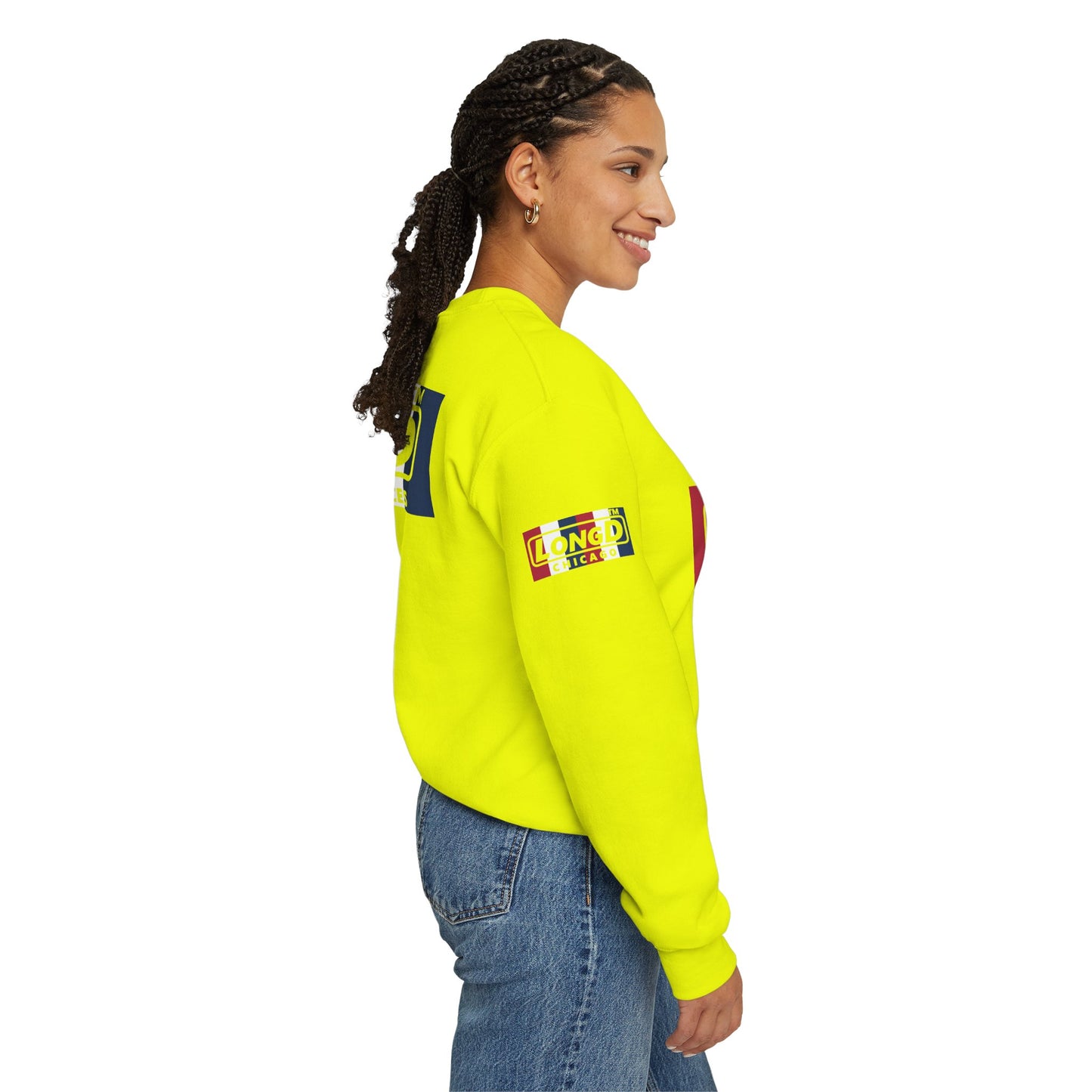 I firecracker LongD positive vertical 6-striped 4-print Chicago logo crewneck sweatshirt