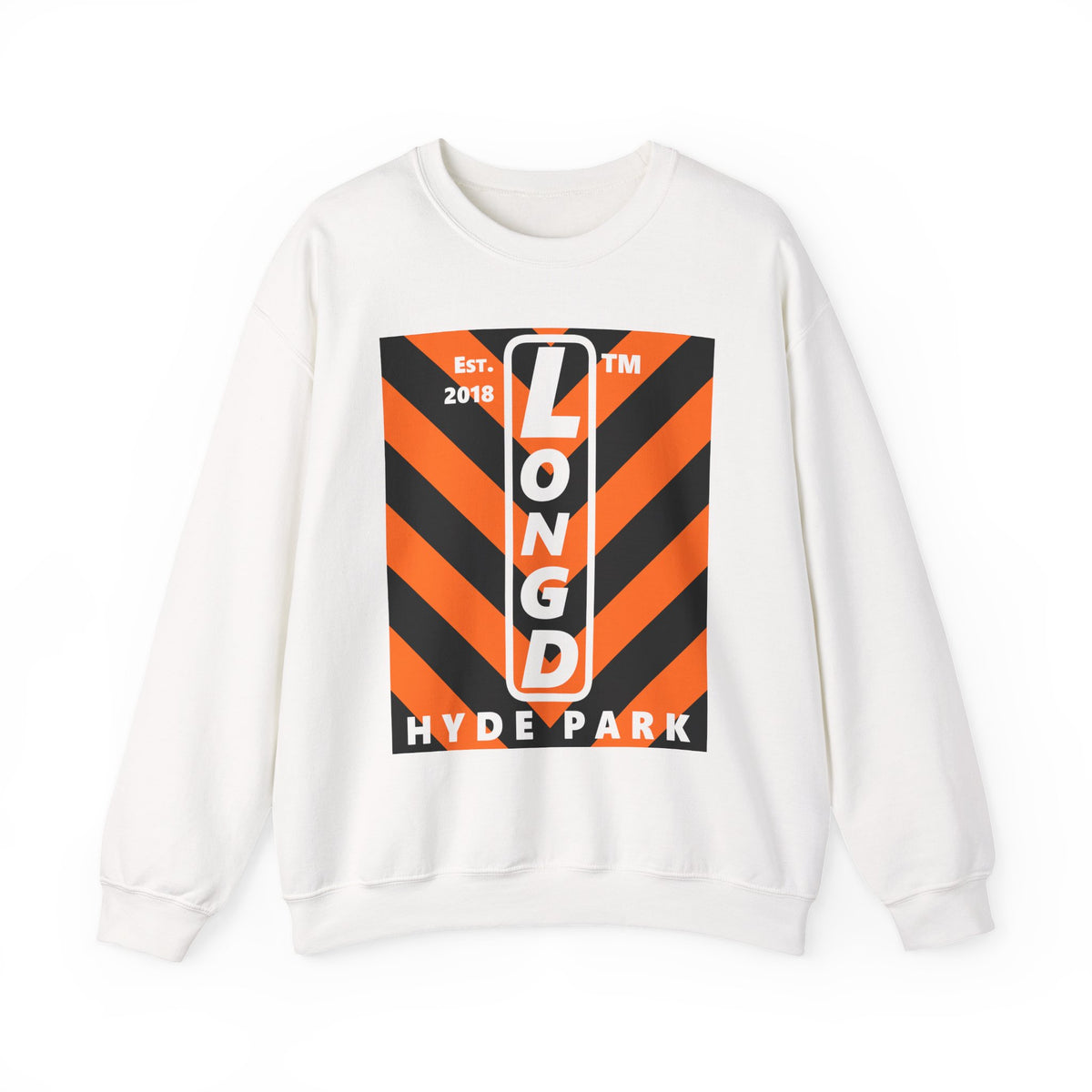 LongD Hyde Park negative upright downward chevron logo (Halloween colors) crewneck sweatshirt