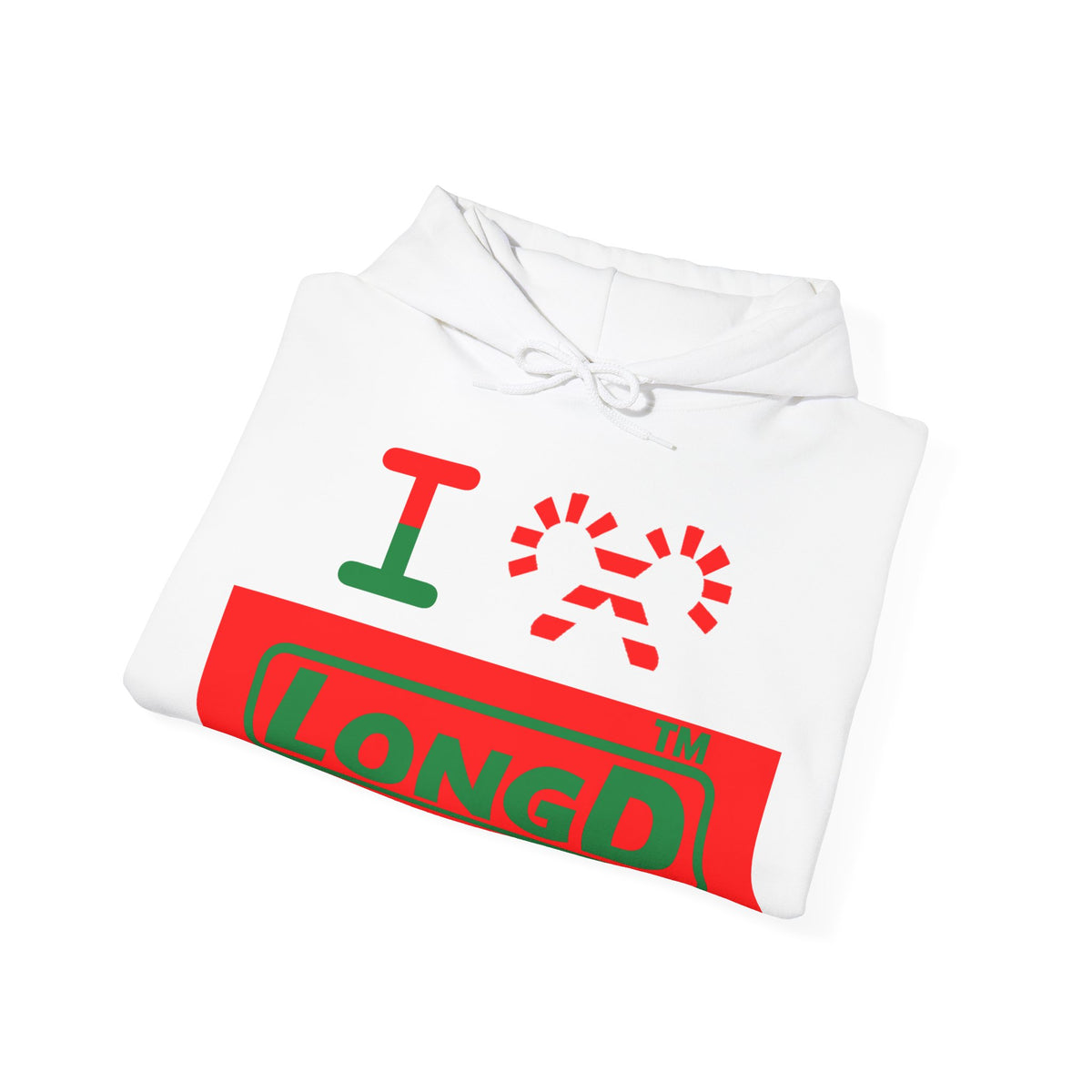 I candy cane LongD Tag logo positive green on negative red hoodie