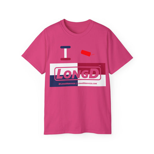 I Firecracker LongD® Logo Cotton Tee Red, White and Blue negative quarters text