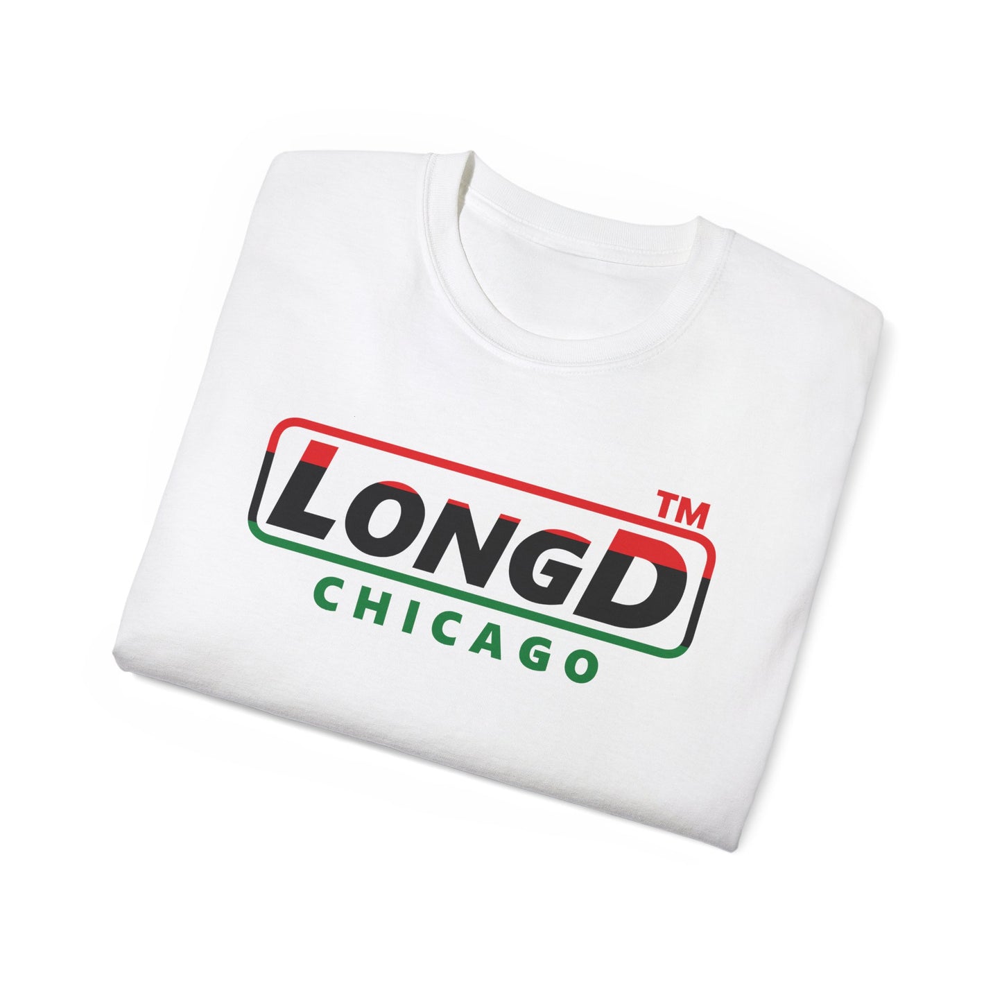 LongD positive horizontal 3-striped Chicago logo cotton tee (Juneteenth colors)