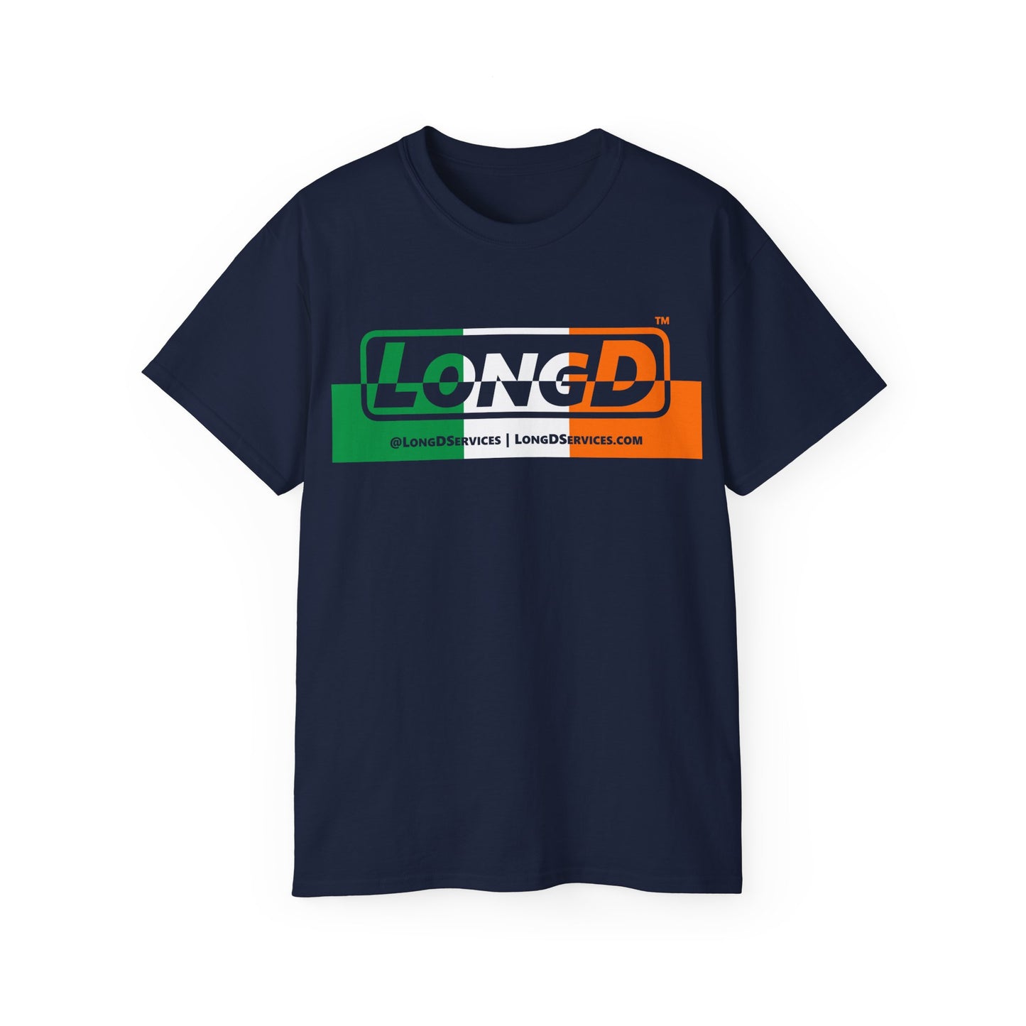 LongD® Logo Cotton Tee (St. Patrick's Day -Irish Green, White and Irish Orange thirds top-bottom positive-negative split)