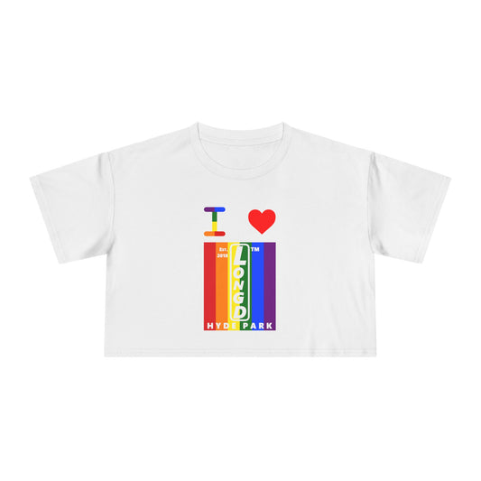I Luv LongD Mixed horizontal 6-striped upright front-back Hyde Park logo crop tee (Pride colors)