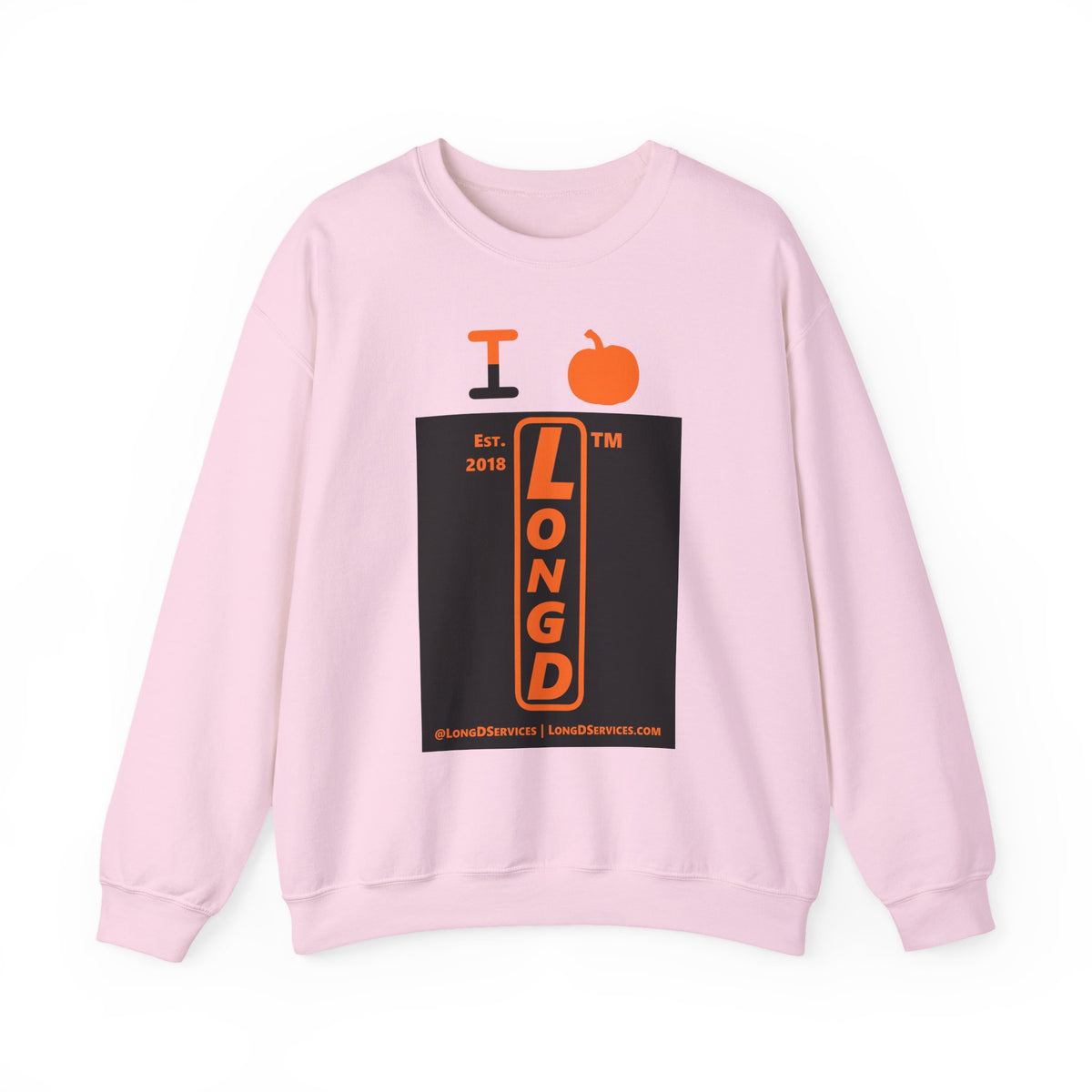 I pumpkin LongD Tag-domain upright logo positive orange on negative black crewneck sweatshirt