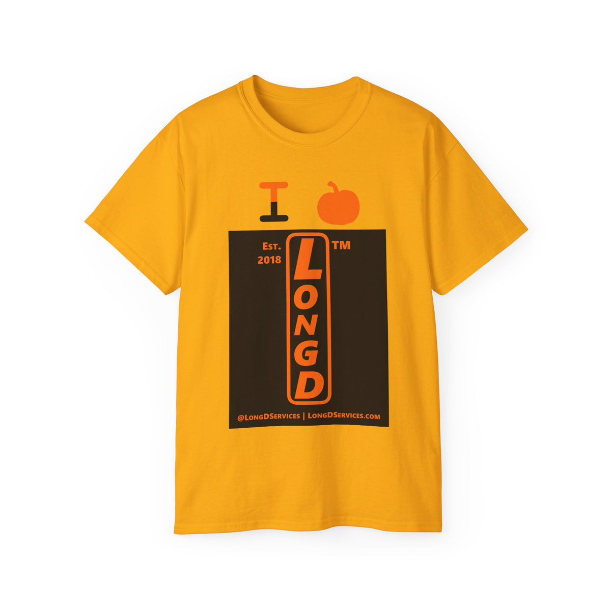 I pumpkin LongD Tag-domain upright logo positive orange on negative black cotton tee