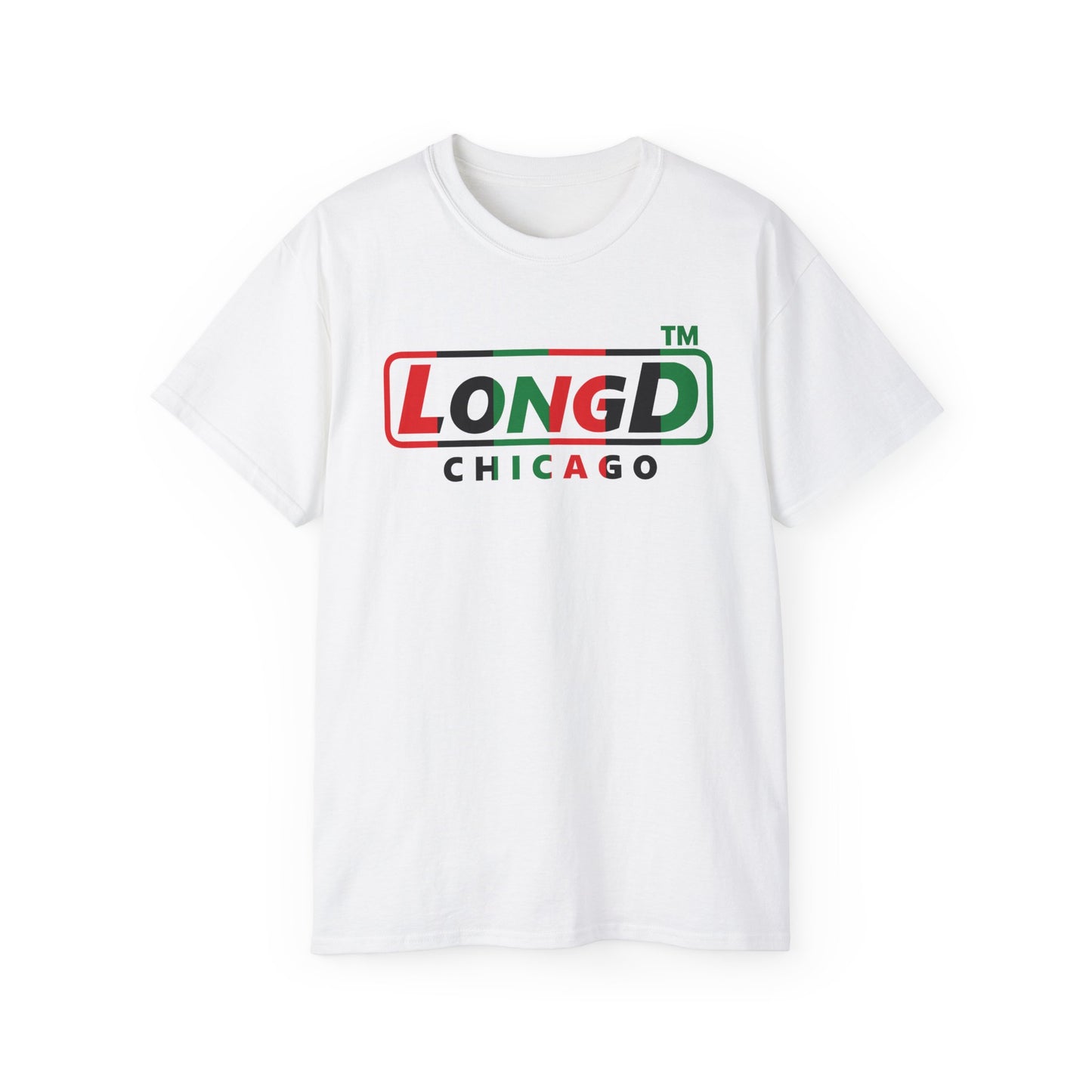 LongD positive vertical 6-striped Chicago logo cotton tee (Juneteenth colors)