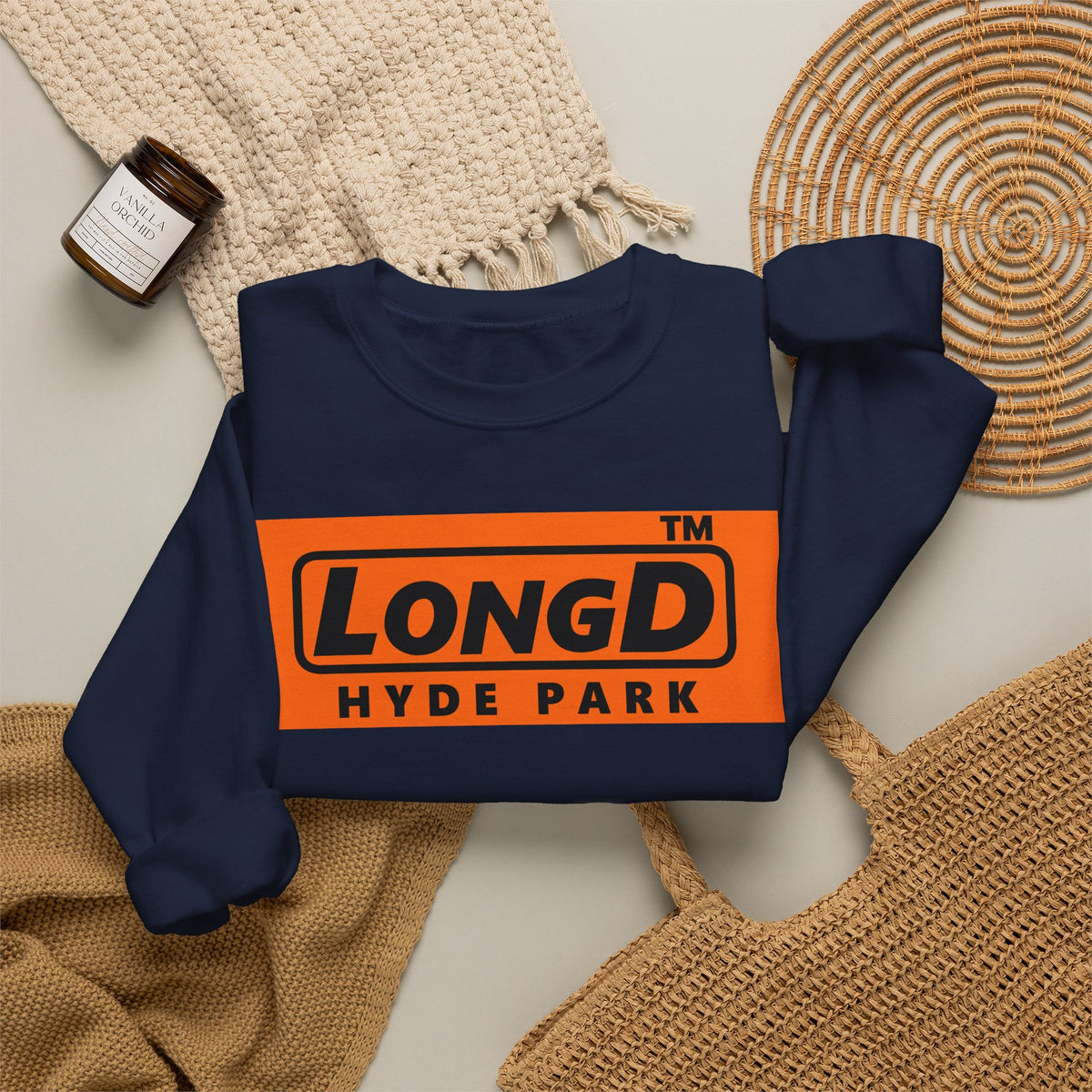 LongD Hyde Park logo Black (000000) on orange (FE7518) (Halloween colors) crewneck sweatshirt