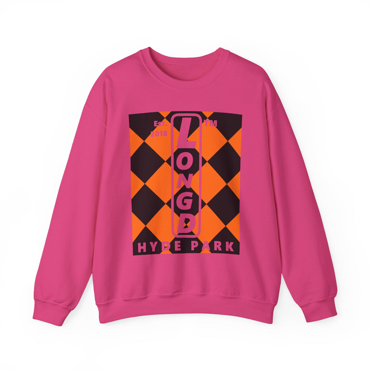 LongD Hyde Park negative upright argyle logo (Halloween colors) crewneck sweatshirt