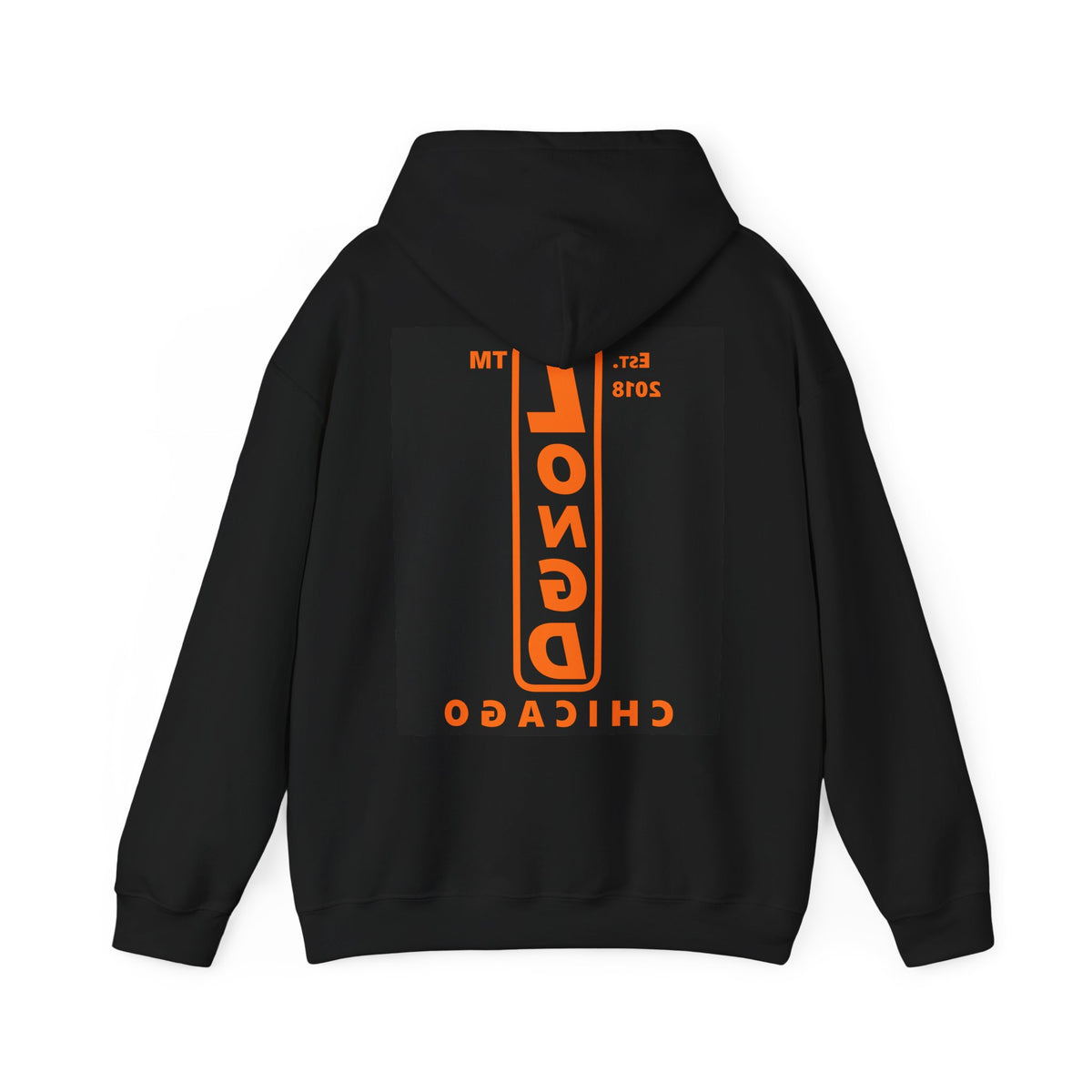 LongD Chicago upright front-back logo orange (FE7518) on Black (000000) hoodie