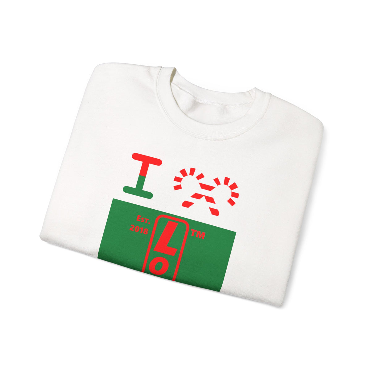 I candy cane LongD Chicago upright front-back logo positive red on negative green crewneck sweatshirt