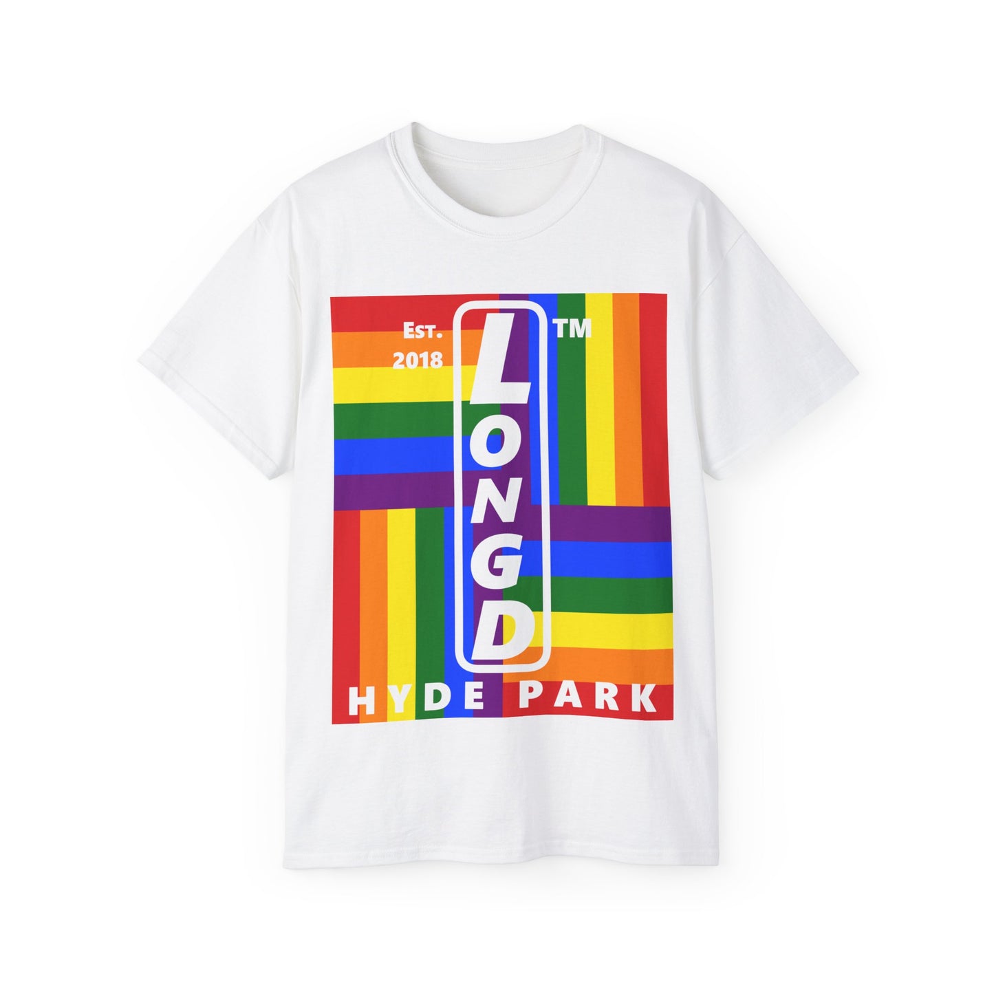 LongD Cotton Tee negative windmill Hyde Park upright logo (Pride colors)