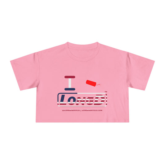 I Firecracker LongD Logo Women's Crop Tee Red, White & Blue positive flag