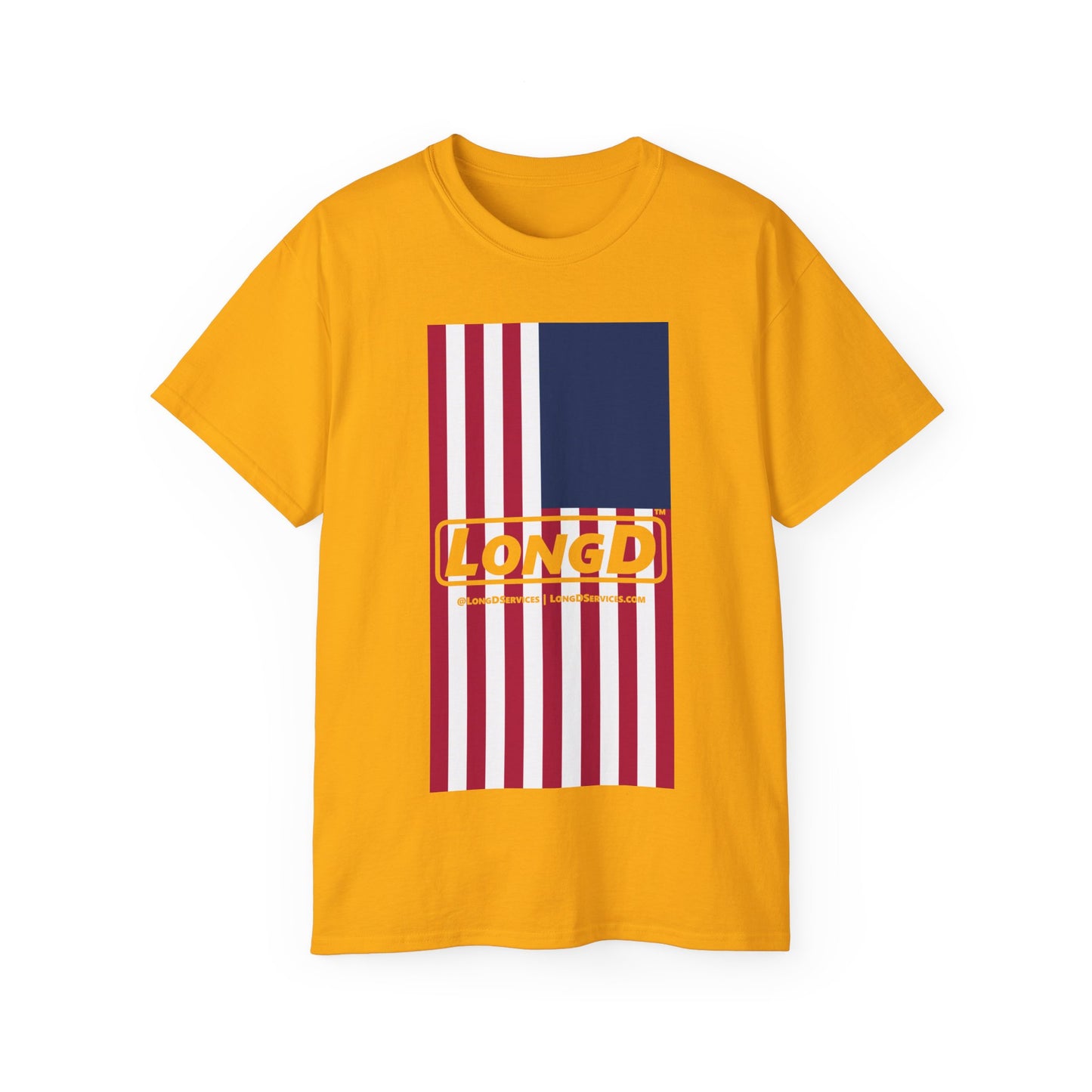 LongD® Logo Cotton Tee Red, White and Blue portrait (official proportions) flag negative text