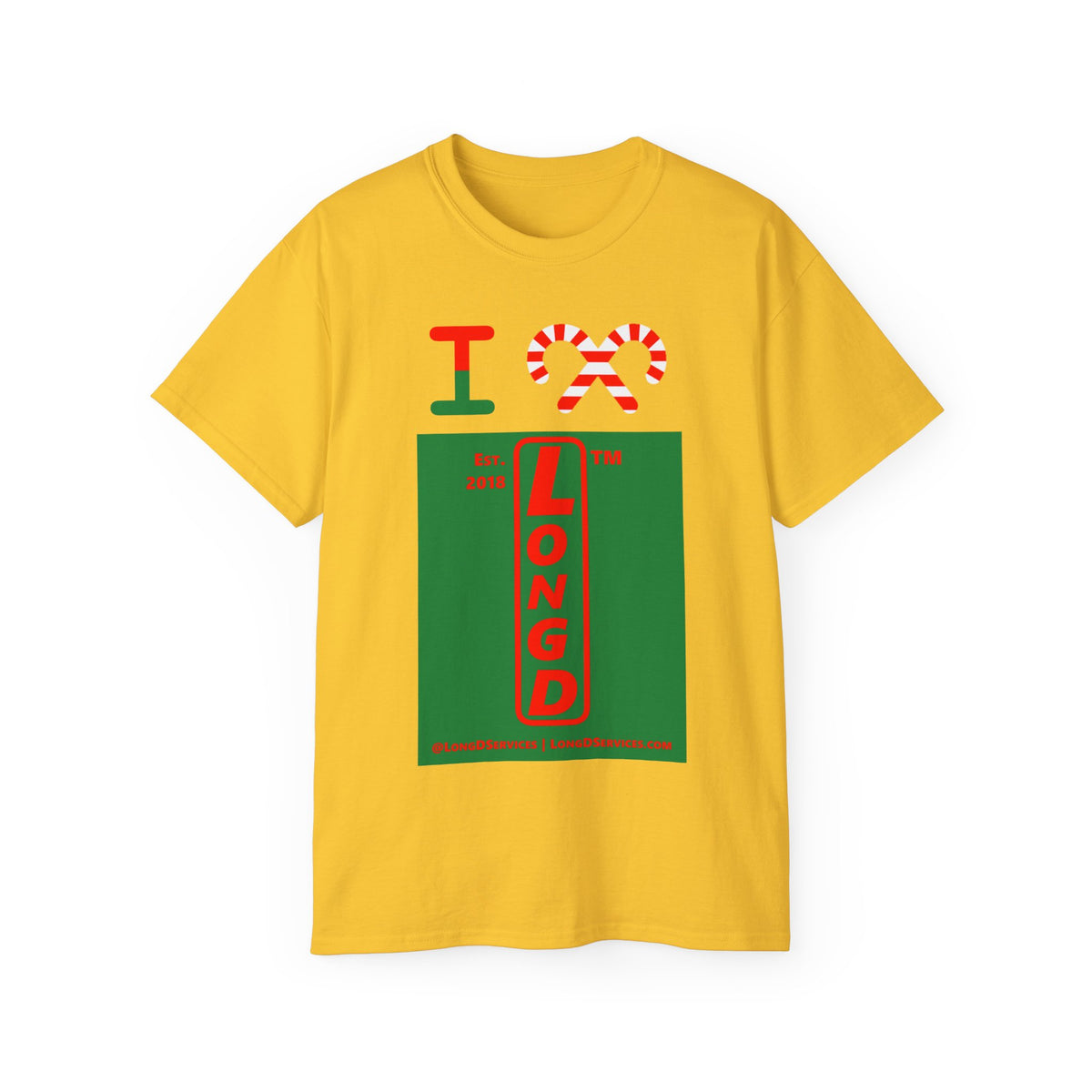 I candy cane LongD Tag-domain upright front-back logo positive red on negative green cotton tee