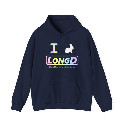 I Bunny LongD® Logo Hoodie Pastel spectrum text (White Easter Bunny)
