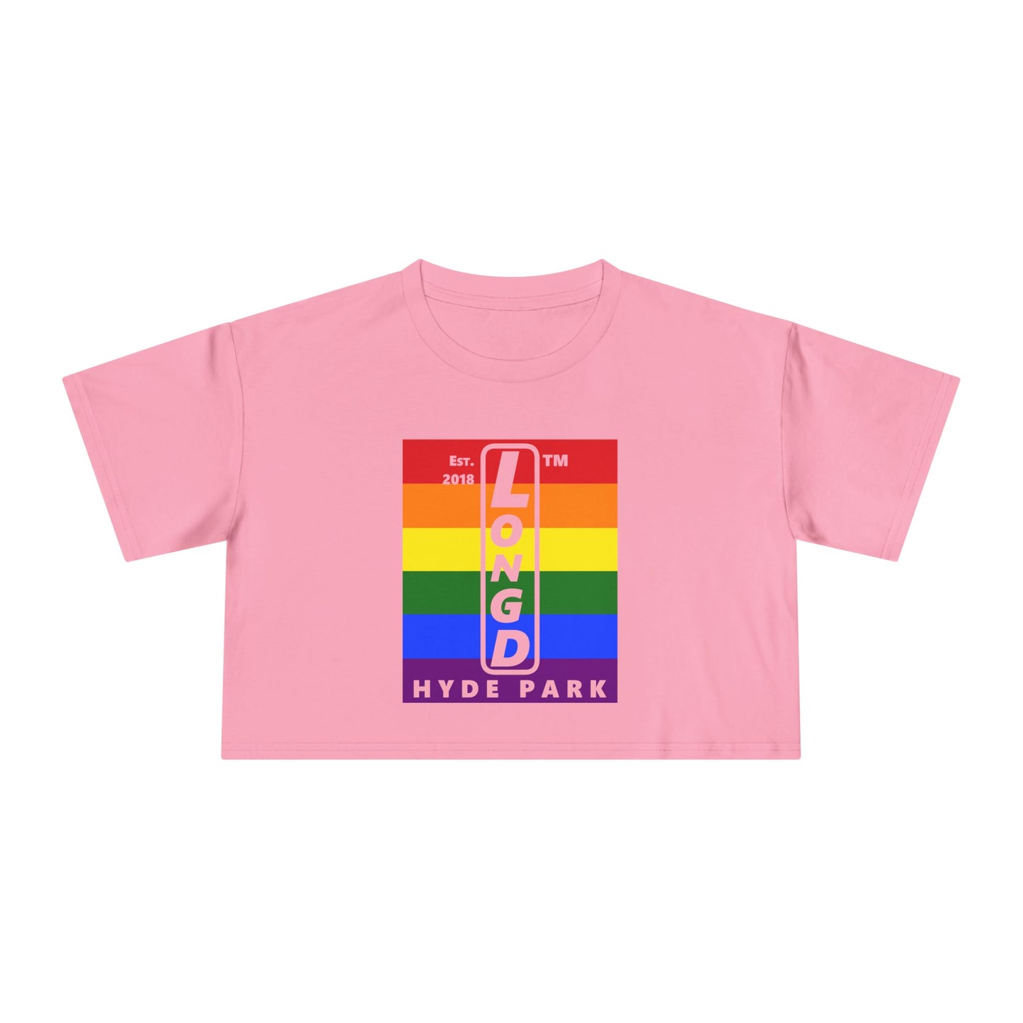 Mixed horizontal 6-striped upright front-back Hyde Park logo crop tee (Pride colors)