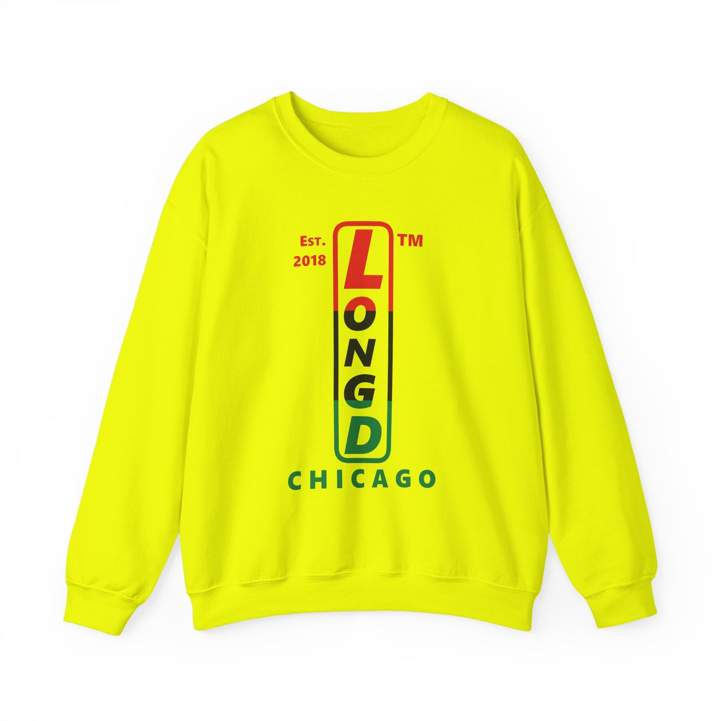 LongD positive horizontal 3-striped Chicago upright logo crewneck sweatshirt (Juneteenth colors)