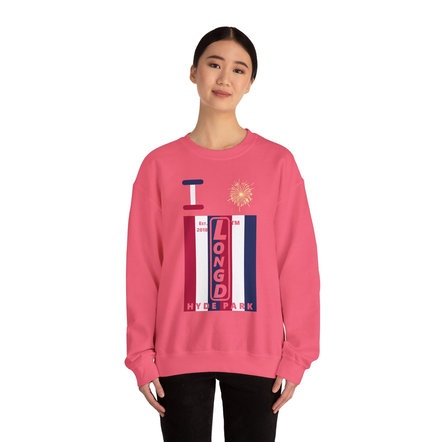 I Burst LongD negative vertical 6-striped Hyde Park upright logo crewneck sweatshirt
