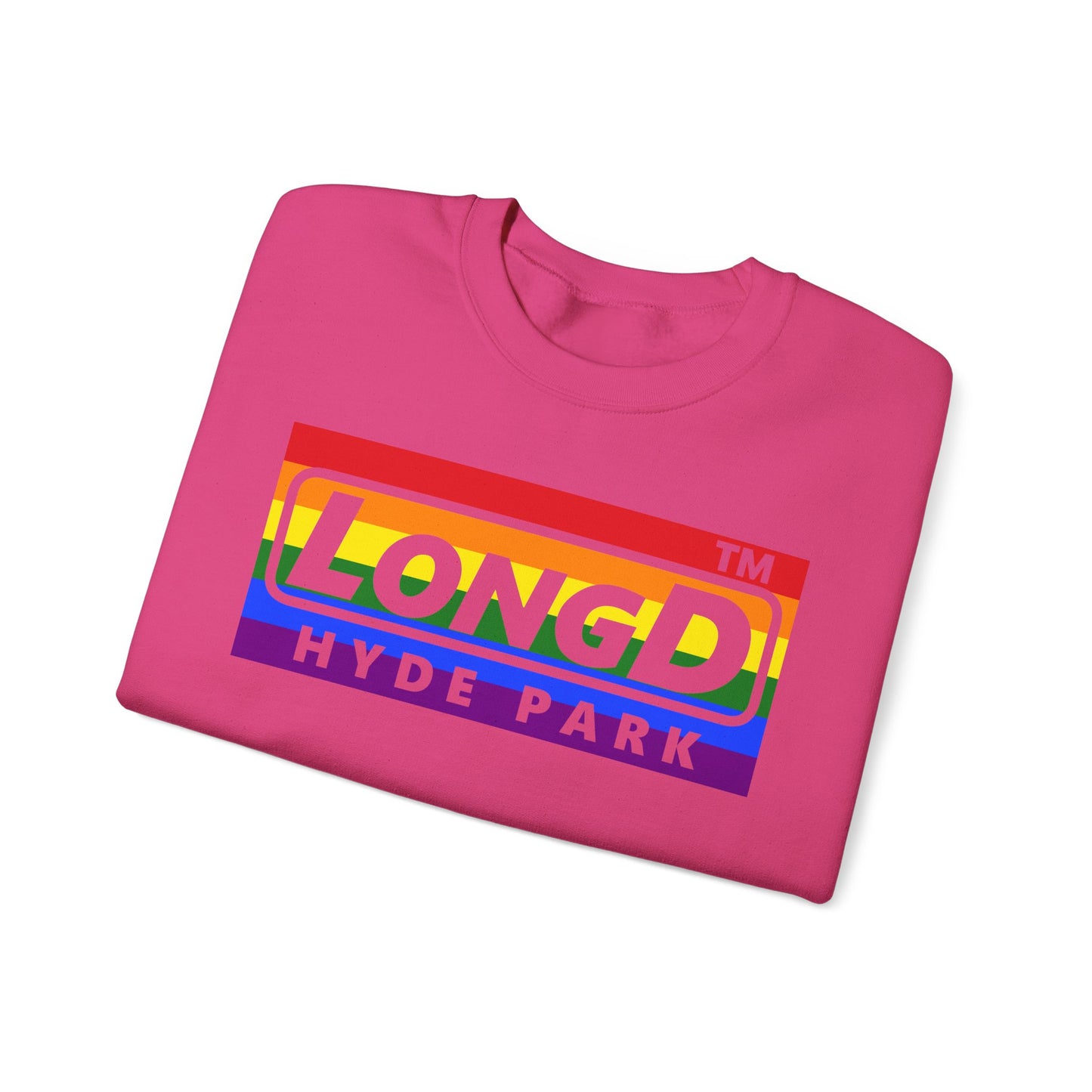 LongD negative horizontal striped Hyde Park logo crewneck sweatshirt (Pride colors)