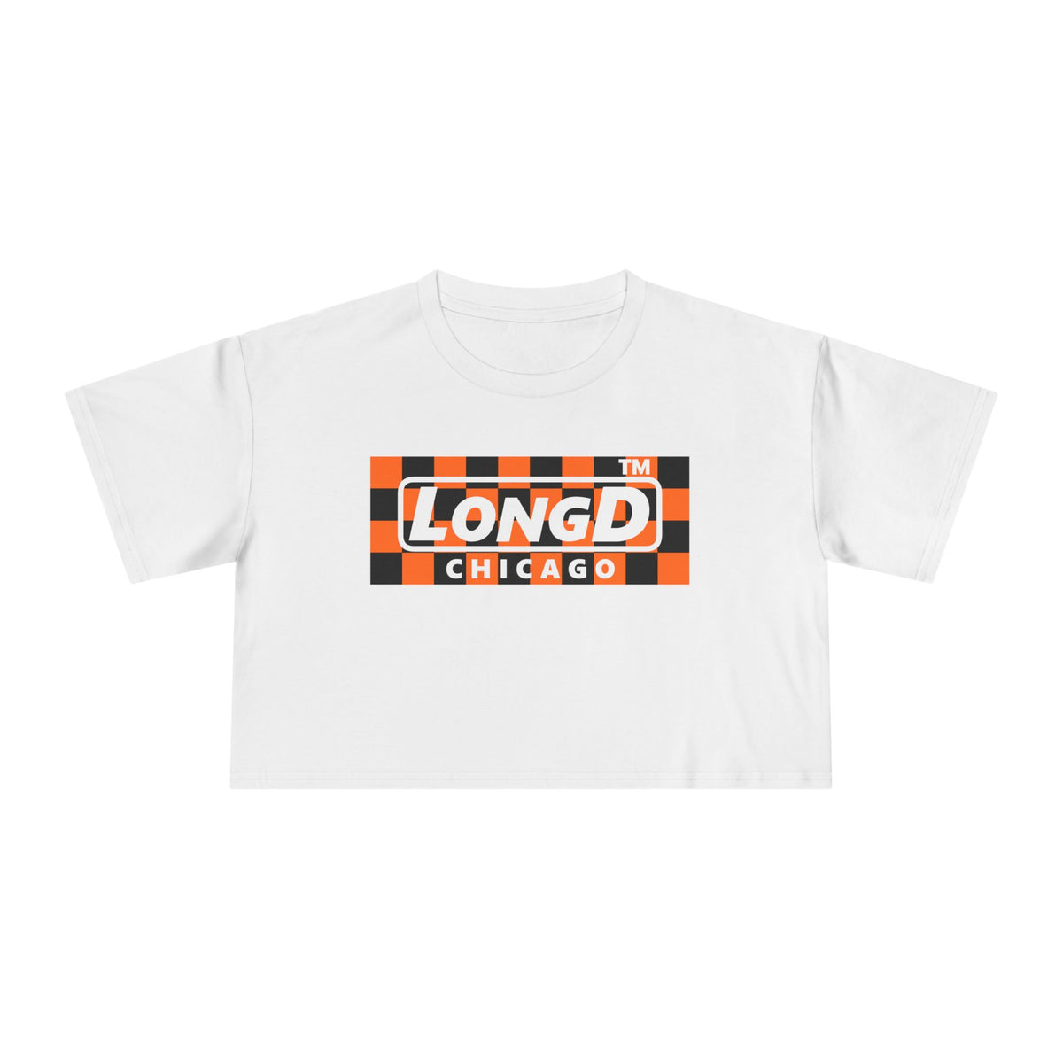LongD Chicago negative checkered logo (Halloween colors) crop tee