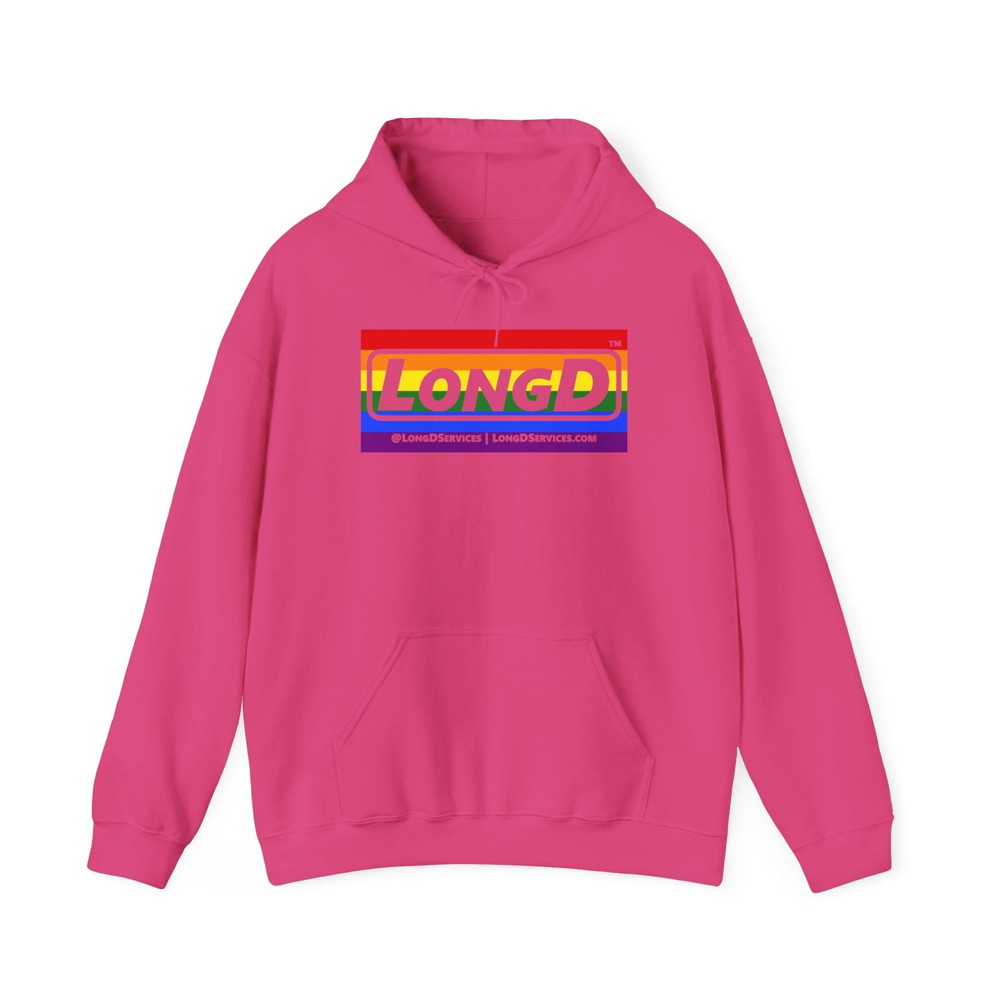LongD® Logo Hoodie with Pride rainbow striped negative text