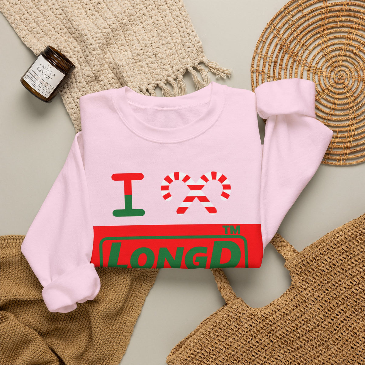 I candy cane LongD Tag logo positive green on negative red crewneck sweatshirt