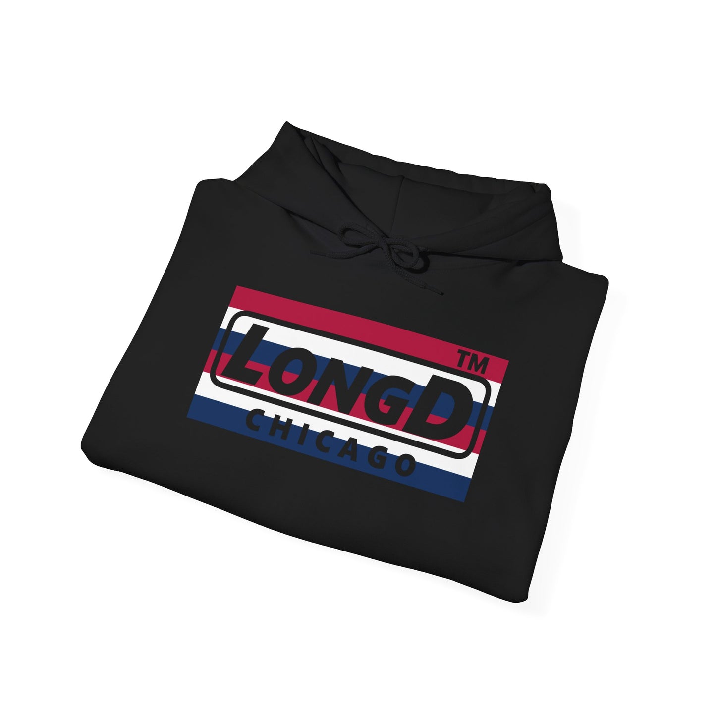 LongD® negative horizontal 6-striped Chicago logo hoodie (patriotic colors)