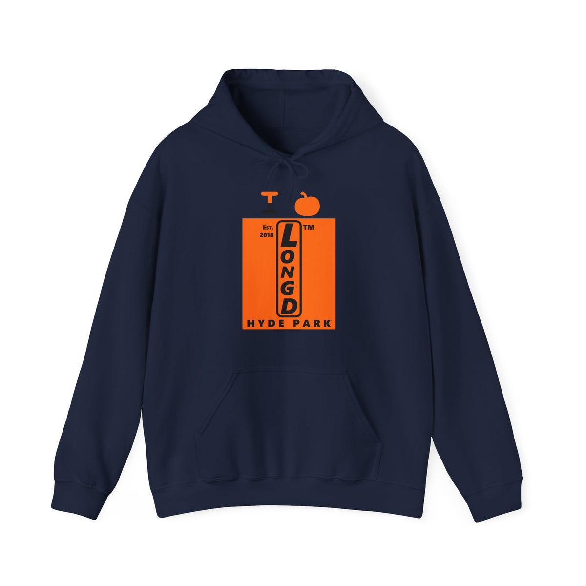 I pumpkin LongD Hyde Park upright logo positive black on negative orange hoodie