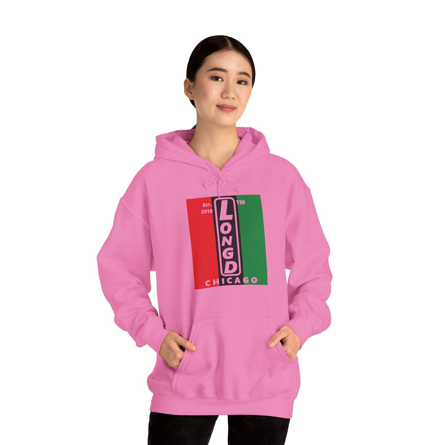 LongD® negative vertical 3-striped upright Chicago logo hoodie (Juneteenth colors)