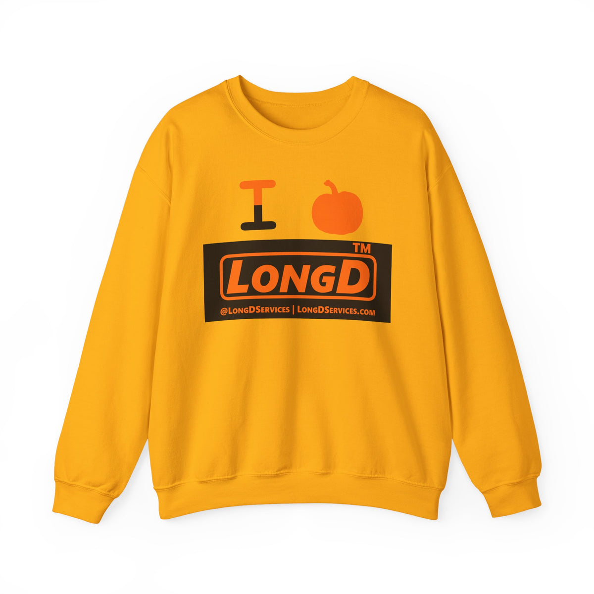I pumpkin LongD Tag-domain logo positive orange on negative black crewneck sweatshirt