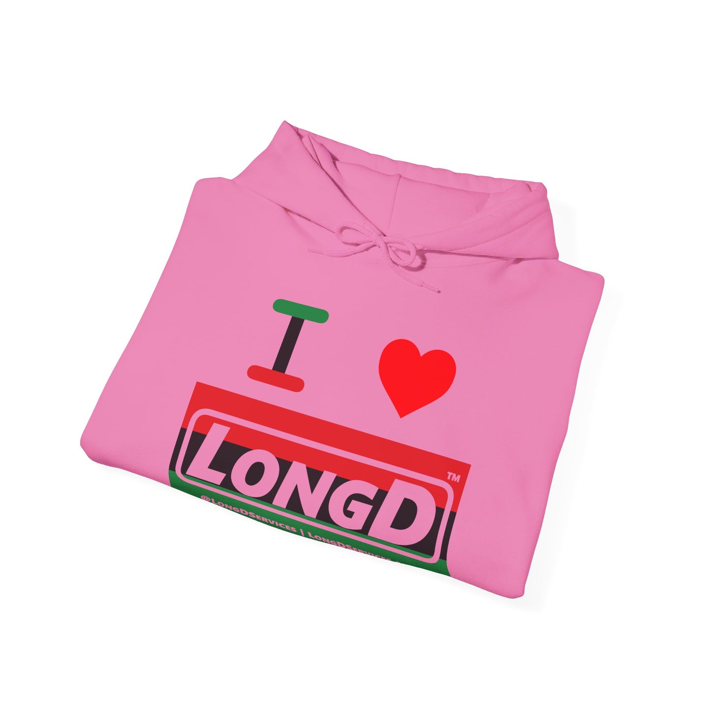 I Luv LongD® Logo Hoodie with Juneteenth striped negative text