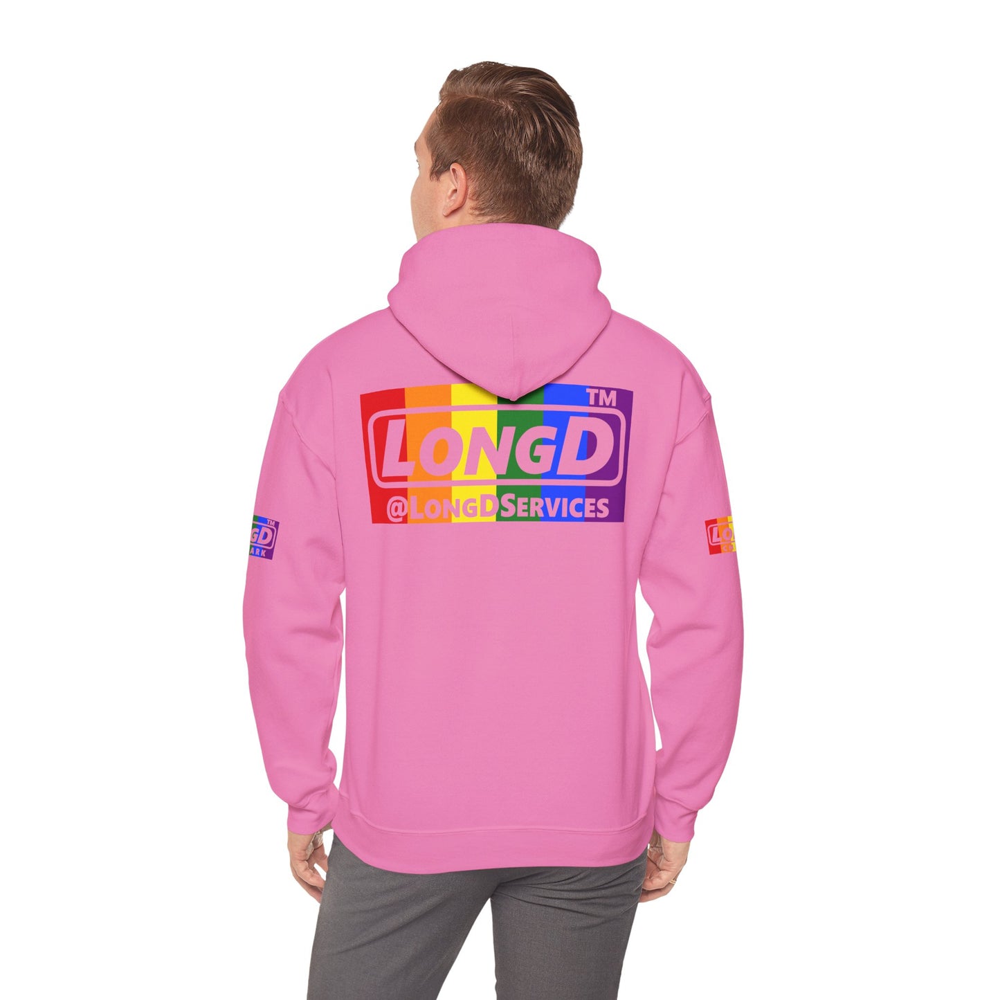 I Luv LongD® negative vertical striped 4-print Chicago logo hoodie (Pride colors)