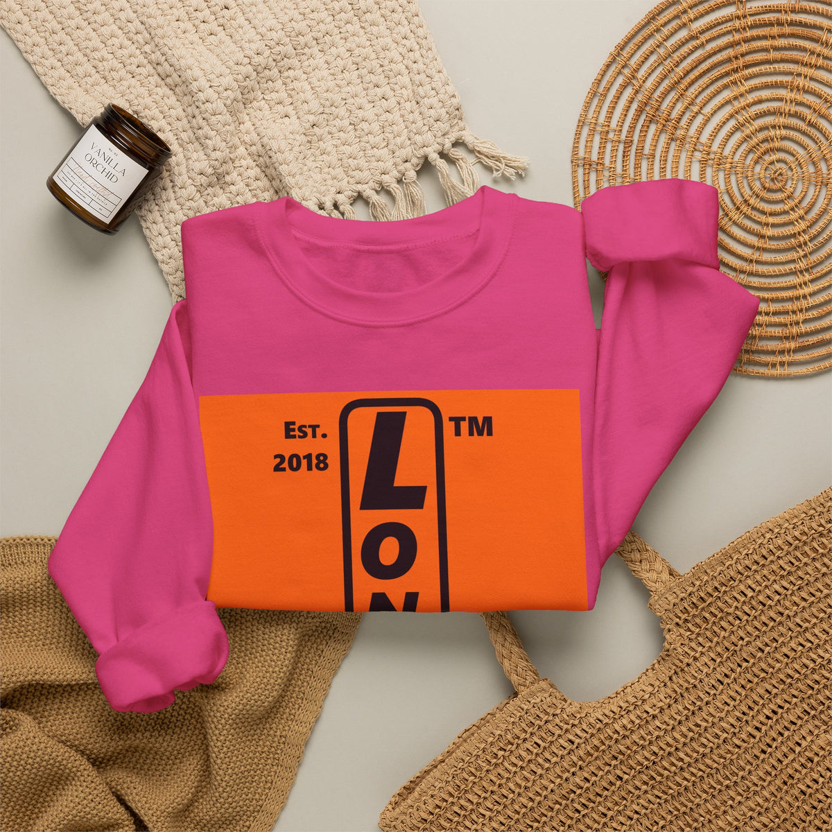 LongD Hyde Park upright logo Black (000000) on orange (FE7518) (Halloween colors) crewneck sweatshirt
